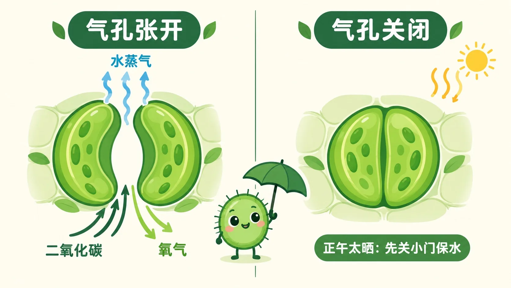 气孔开合对比：张开时水蒸气冒出，关闭时保水