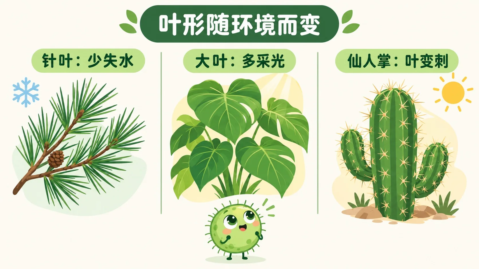 三种叶形对比：针叶、大叶、仙人掌的刺