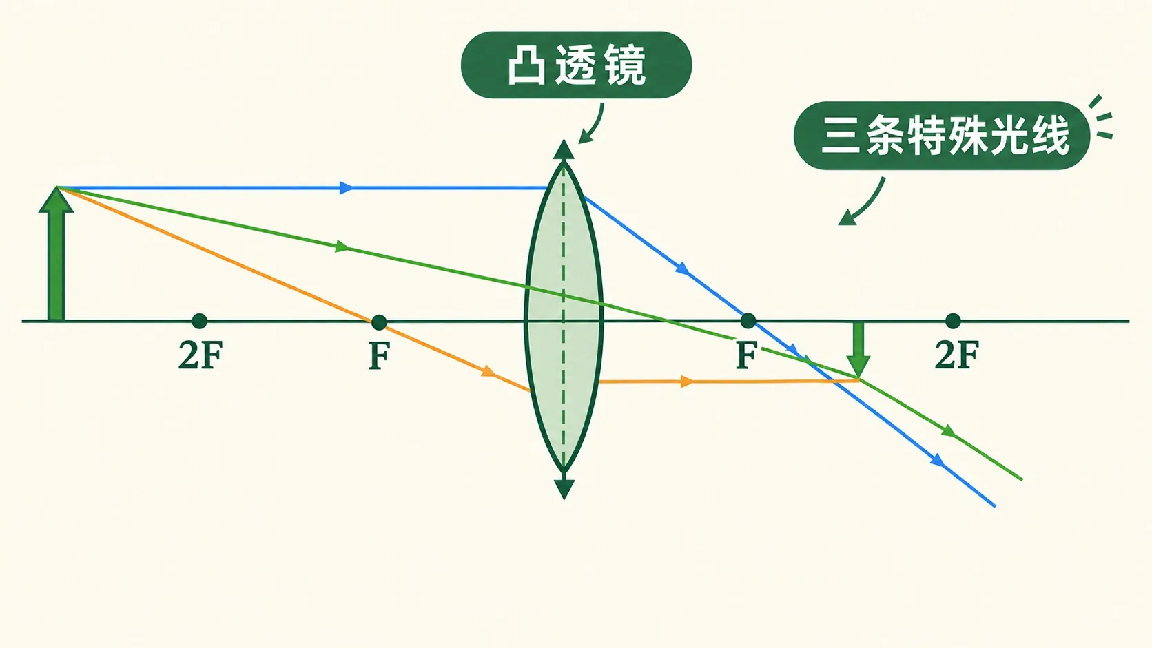 光学台三条特殊光线：平行光线过焦点、过光心不变、过焦点后平行
