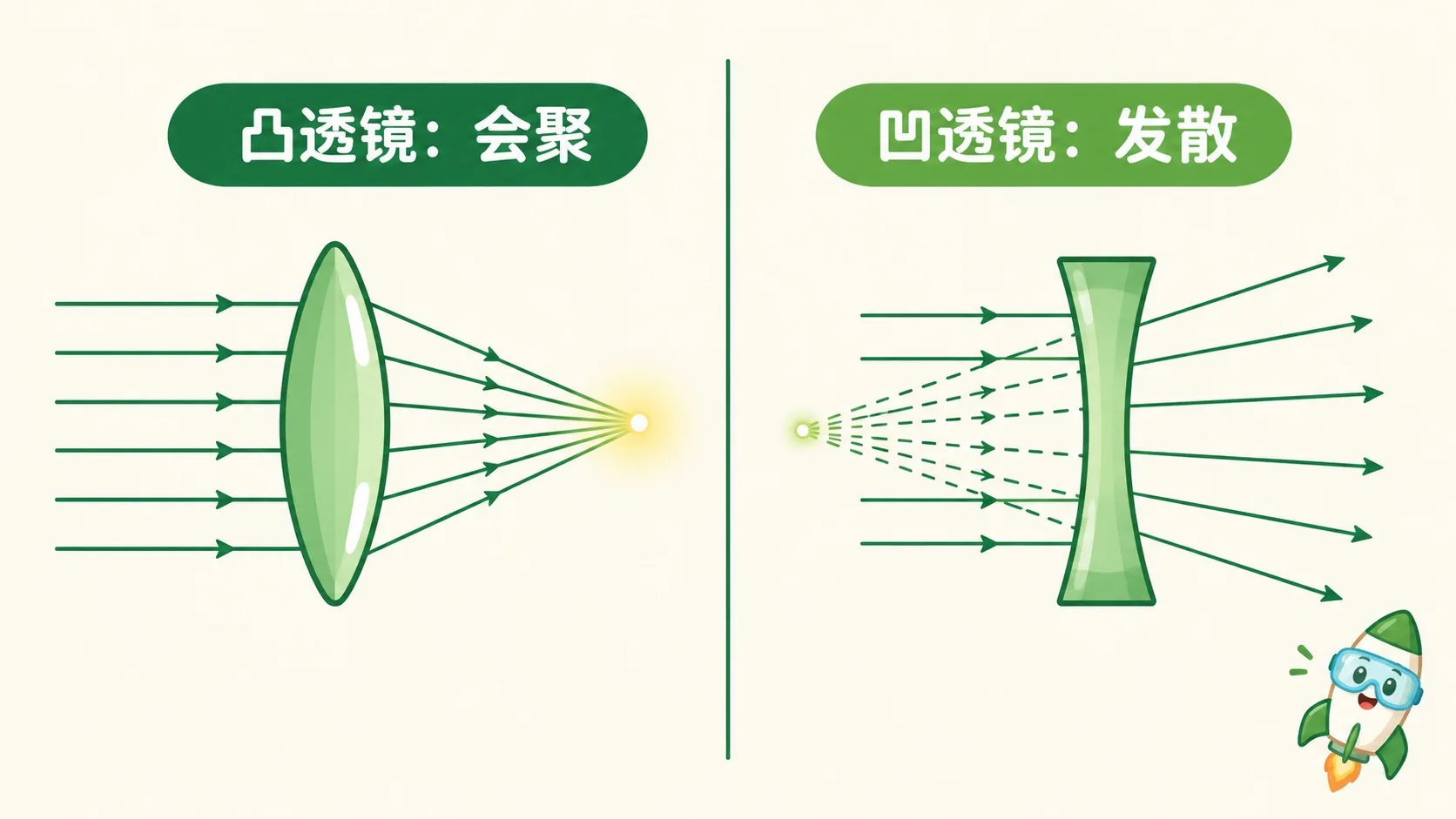 凸透镜会聚光，凹透镜发散光
