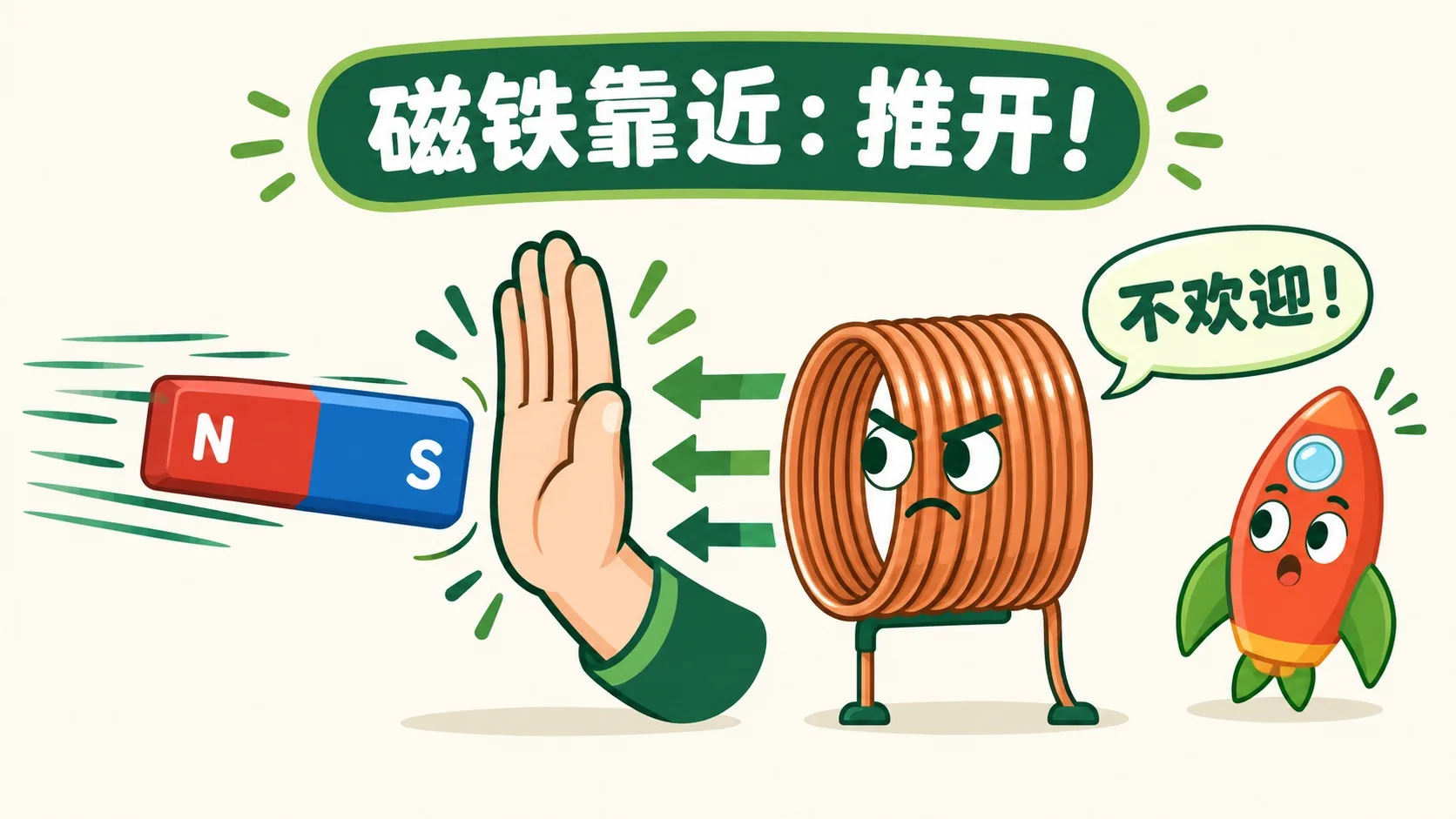 磁铁靠近线圈，被手掌推开