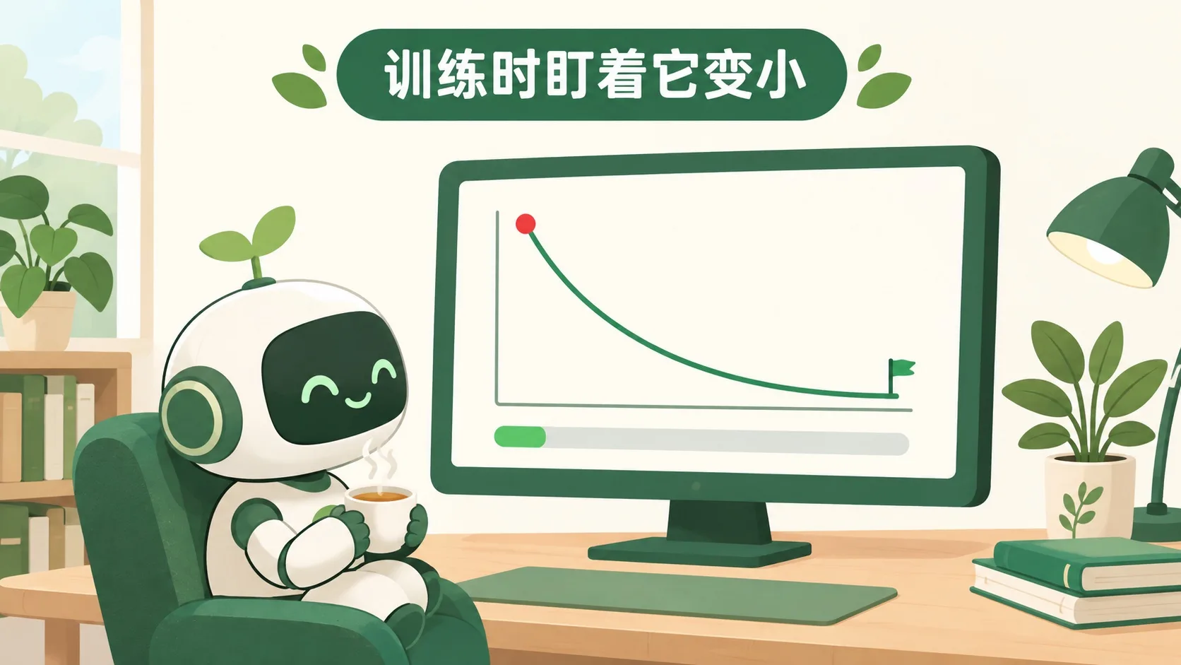 训练面板：下降的损失曲线与喝茶的小机器人