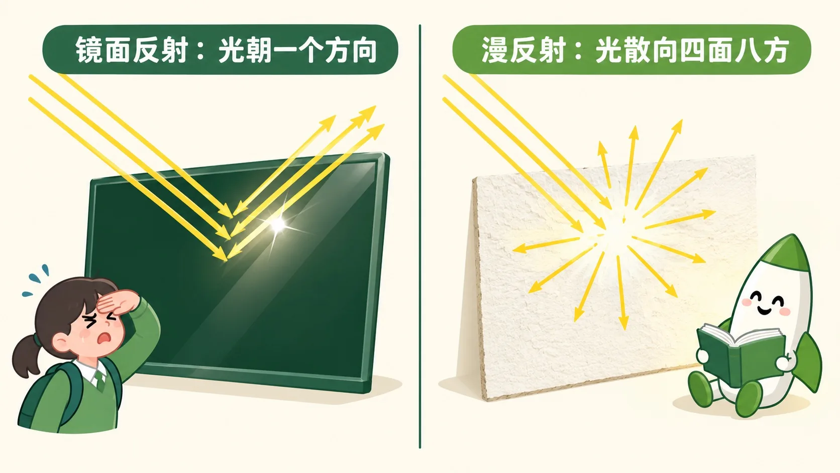 镜面反射与漫反射对比：黑板反光 vs 纸面散光