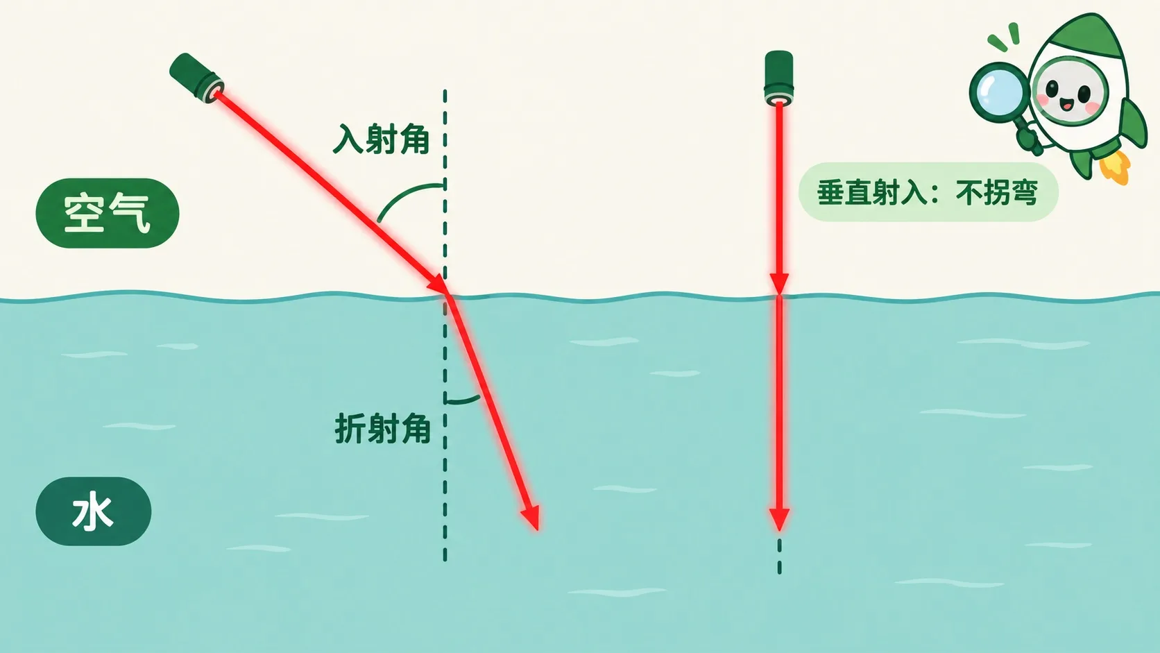 激光斜射入水发生偏折，垂直射入不偏折