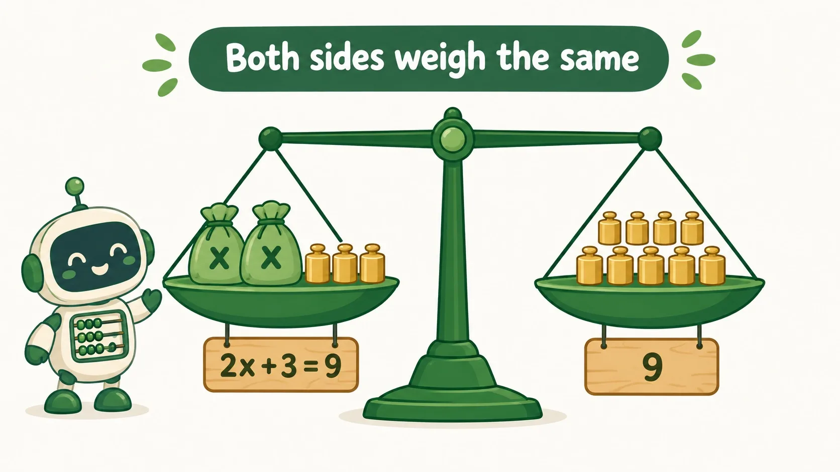 天平平衡：2x + 3 = 9