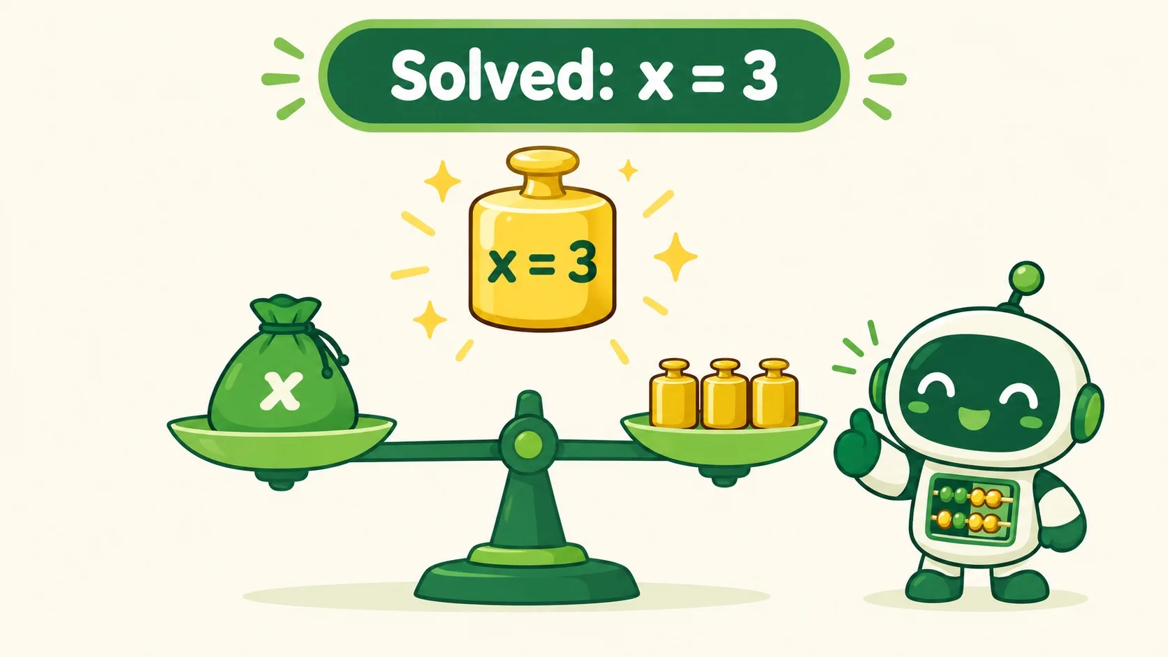 x = 3：金色的答案砝码
