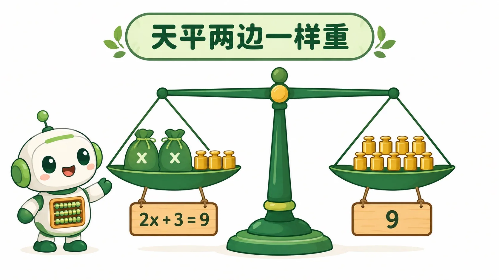 天平平衡：2x + 3 = 9