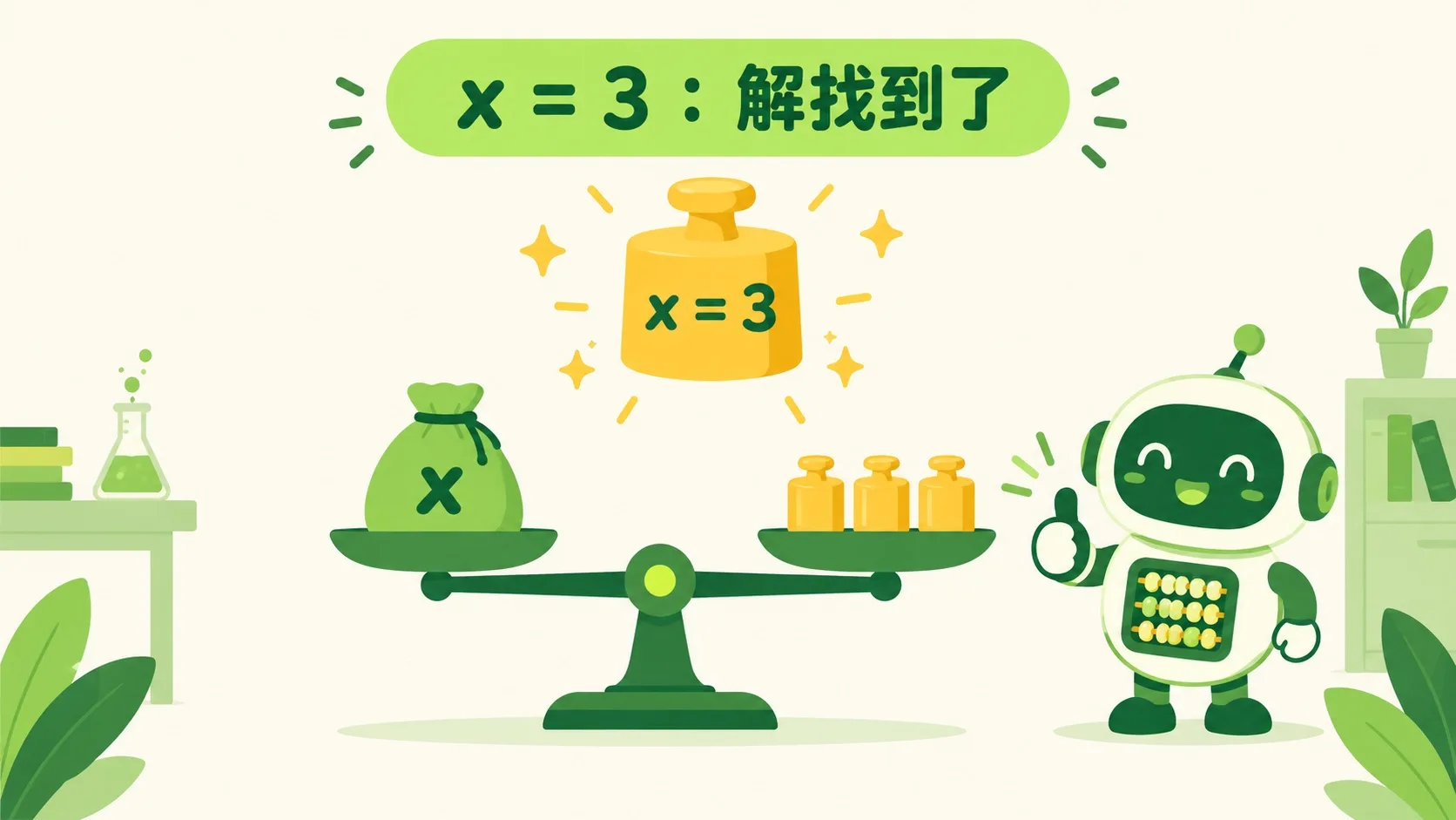 x = 3：金色的答案砝码