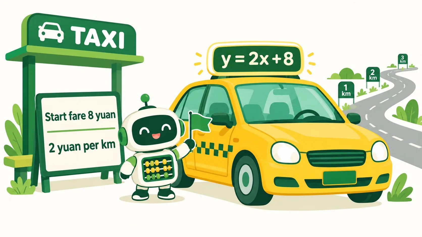 出租车计价牌：起步价 8 元，每公里 2 元