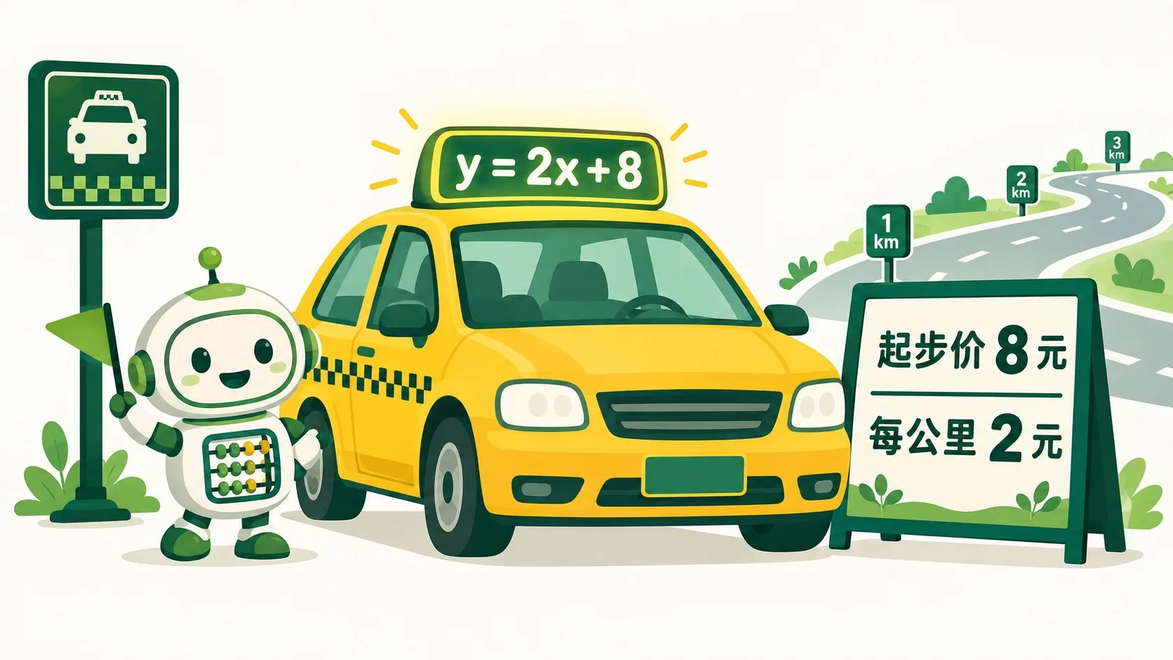 出租车计价牌：起步价 8 元，每公里 2 元