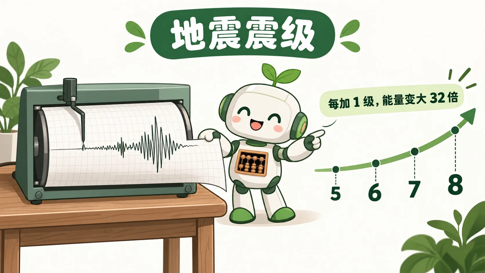 地震仪与震级刻度：每加 1 级，能量 ×32
