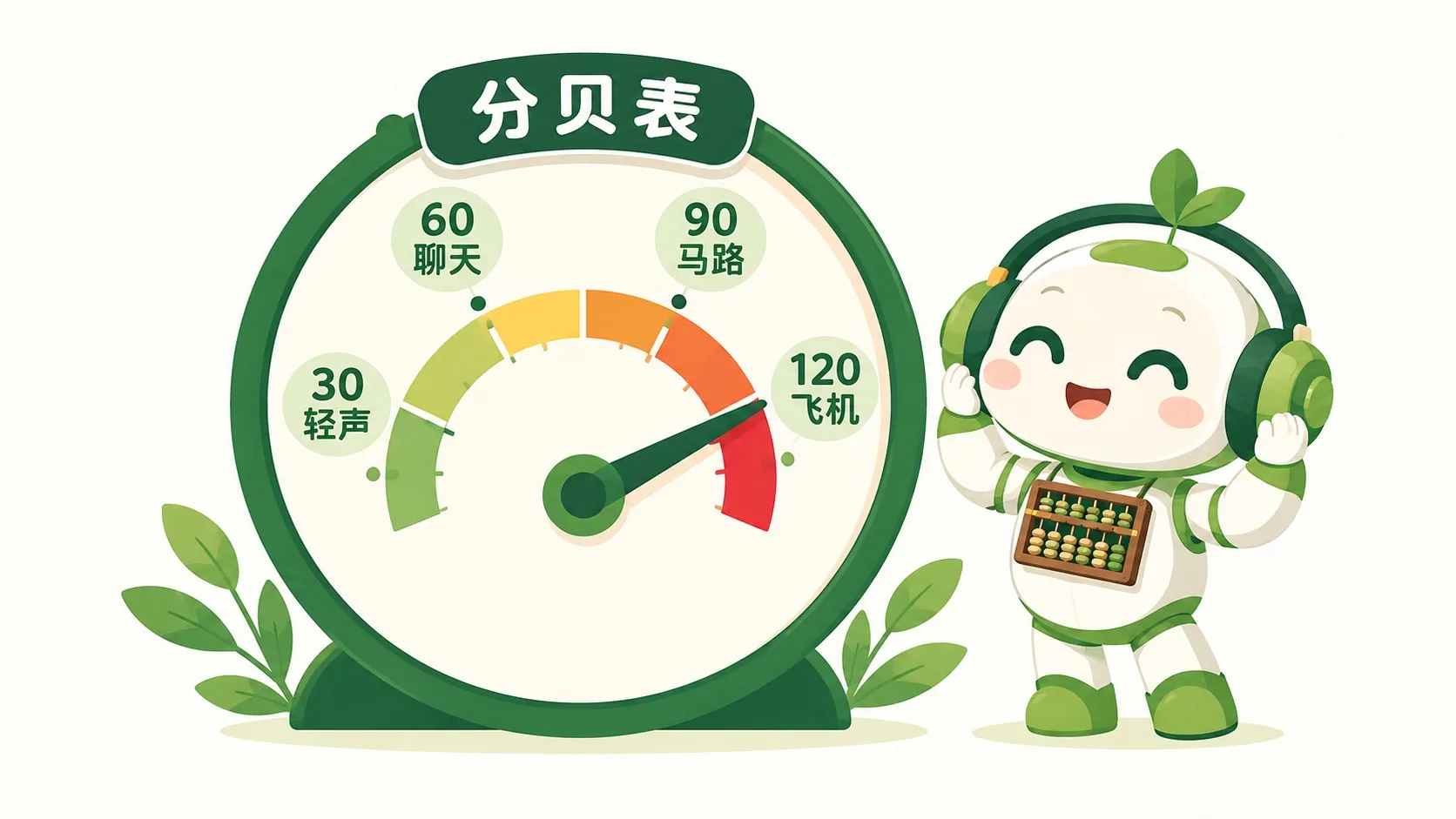 分贝表：30 轻声、60 聊天、90 马路、120 飞机
