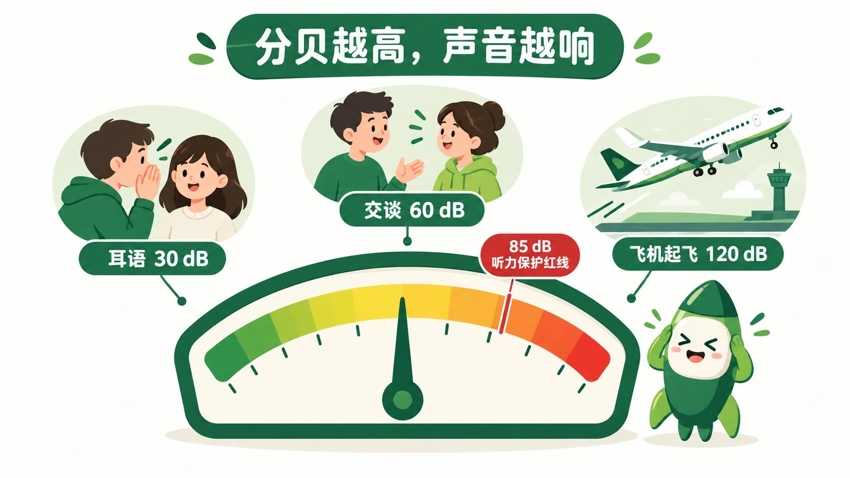 分贝仪：耳语30、交谈60、飞机120