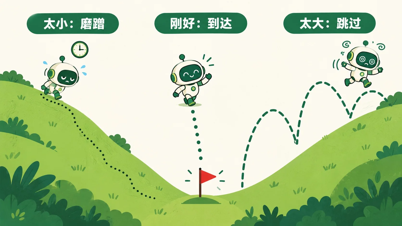 三个机器人下山：太小磨蹭、刚好到达、太大跳过