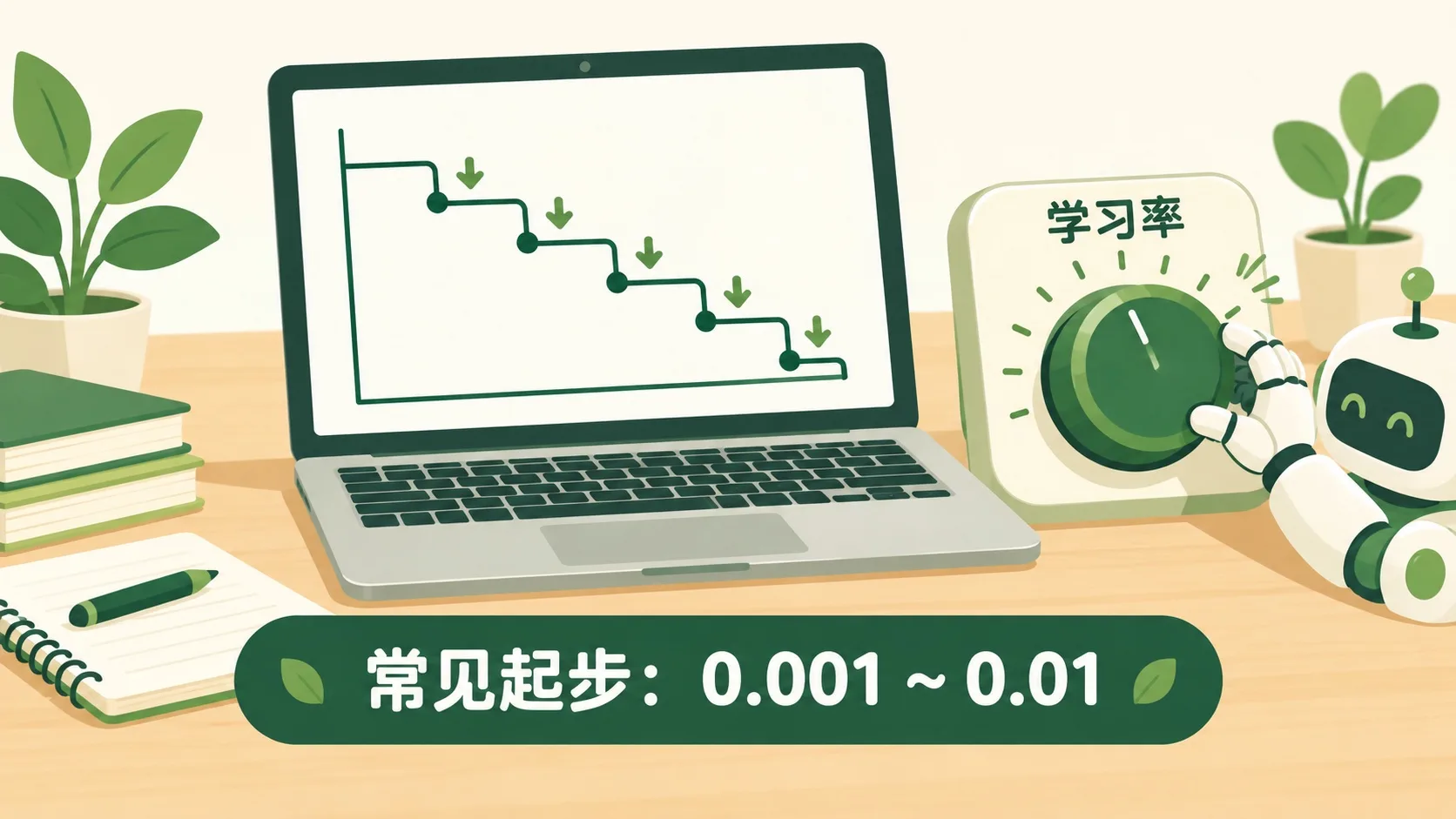真实训练：损失曲线阶梯下降，学习率旋钮，常见起步 0.001 ~ 0.01