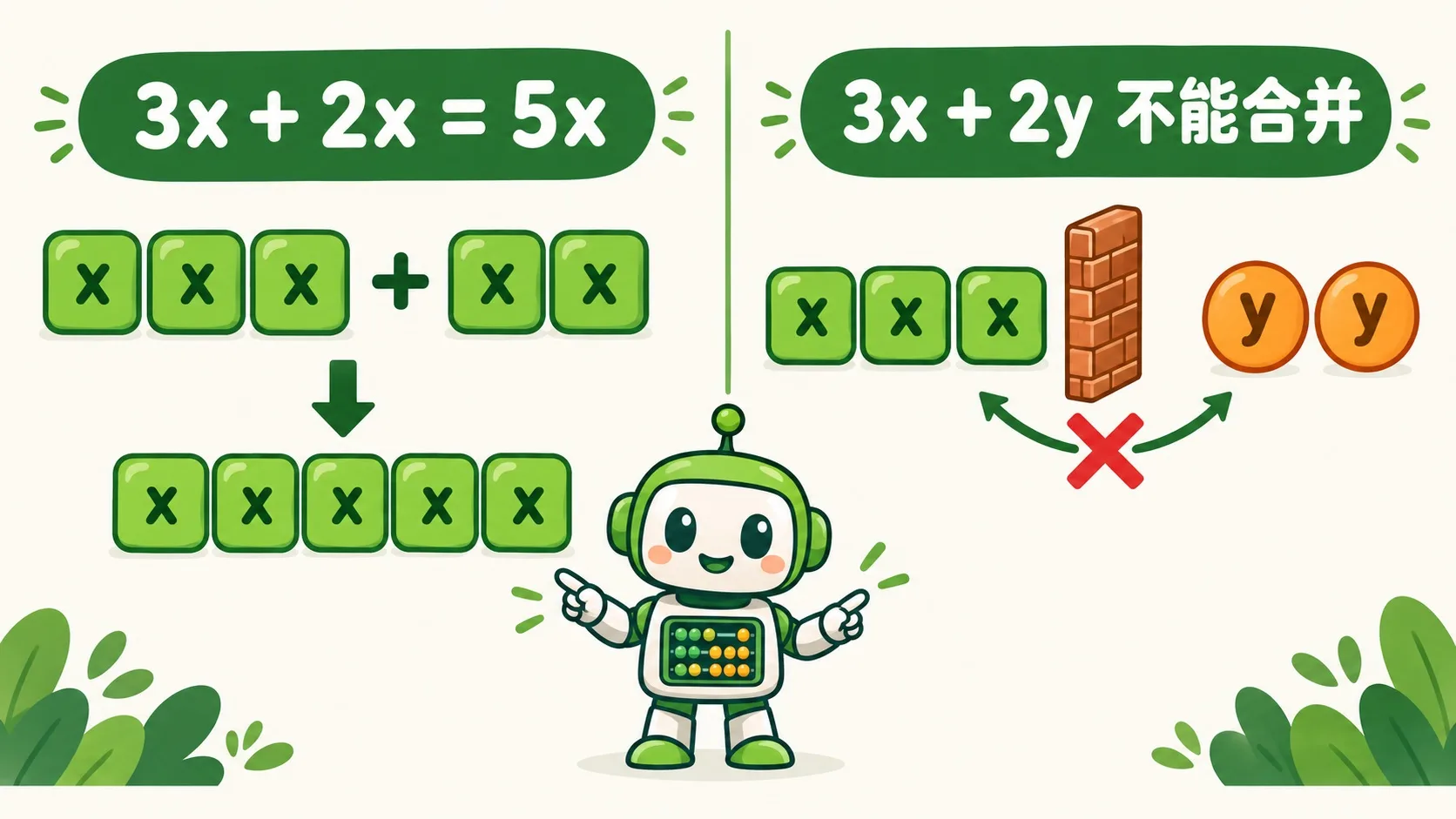 3x+2x=5x，3x+2y 不能合并