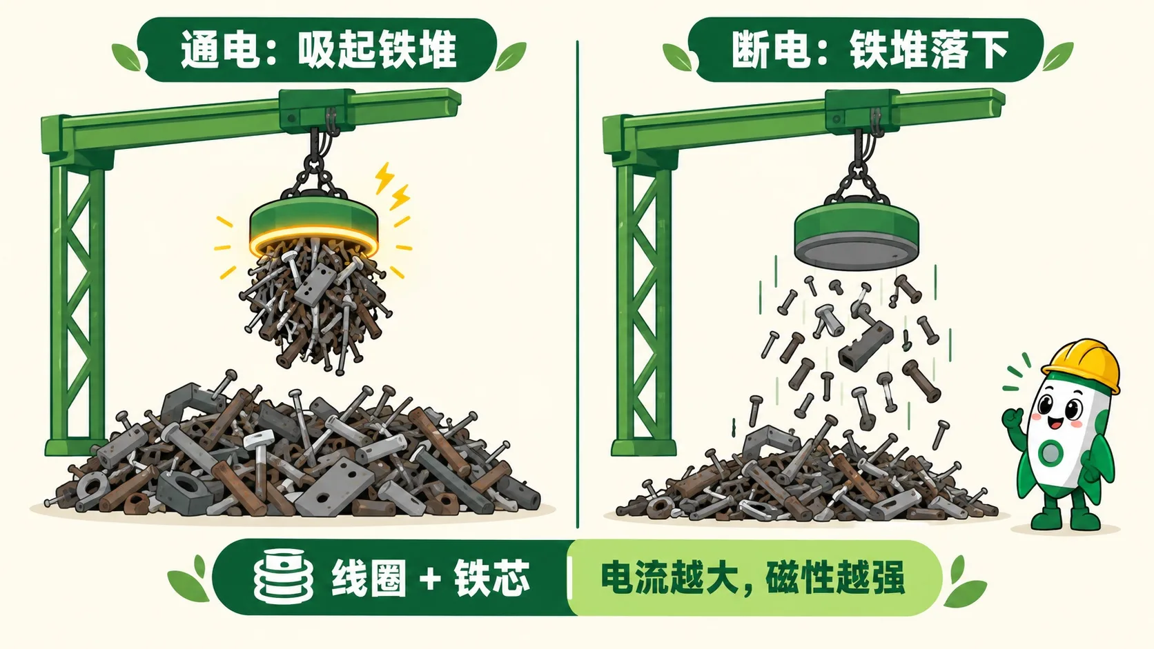 电磁起重机：通电吸起废铁，断电全部落下