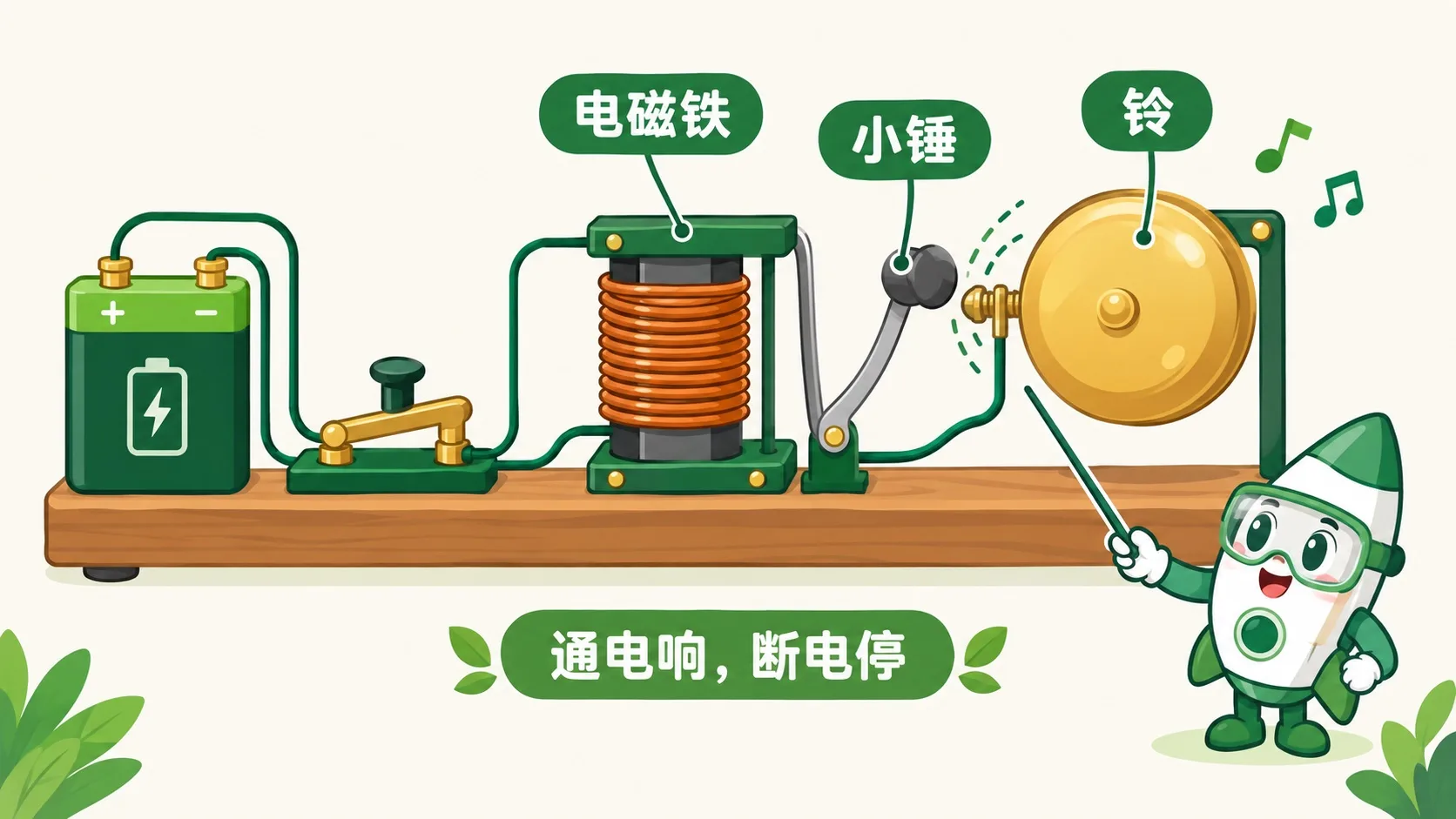 电铃结构：通电吸锤敲铃，断电弹回