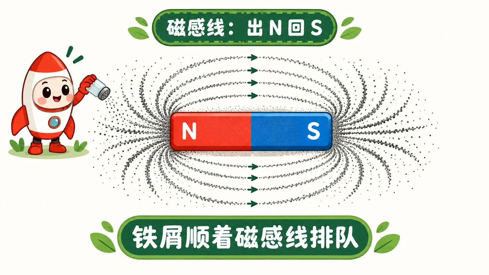 条形磁铁周围铁屑排成磁感线，出 N 回 S