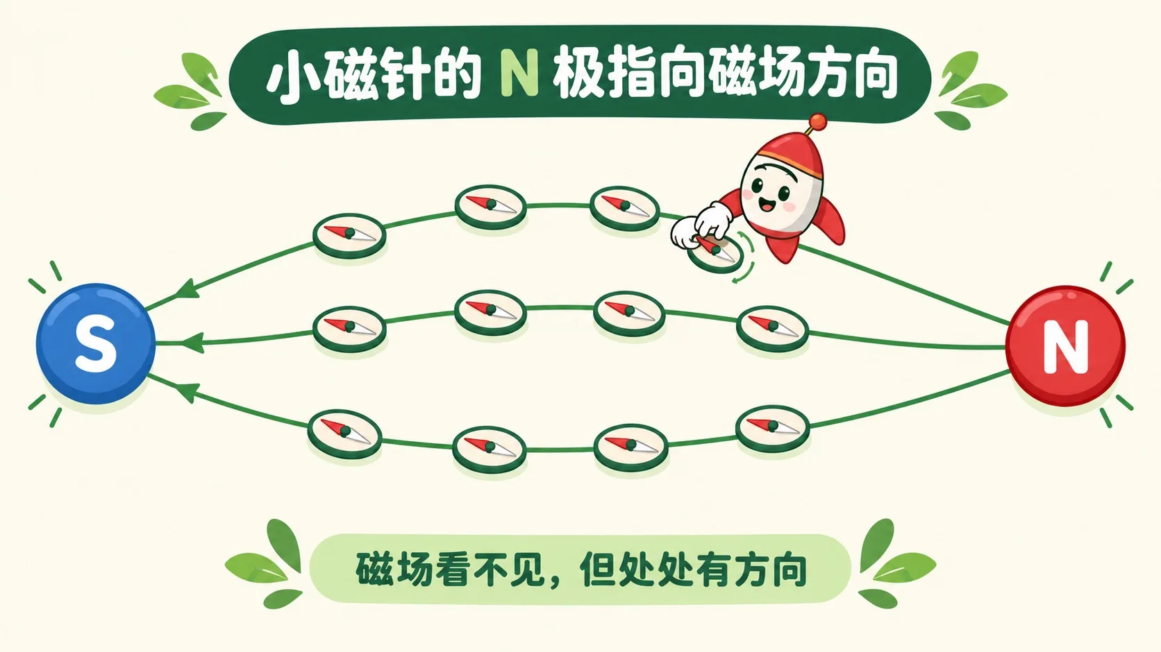 小磁针沿磁感线排列，N 极指向磁场方向