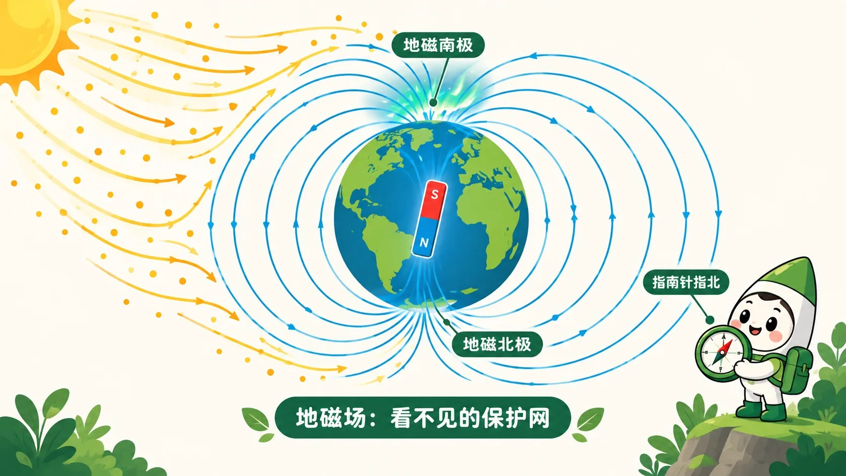地磁场环绕地球挡住太阳风，指南针指北
