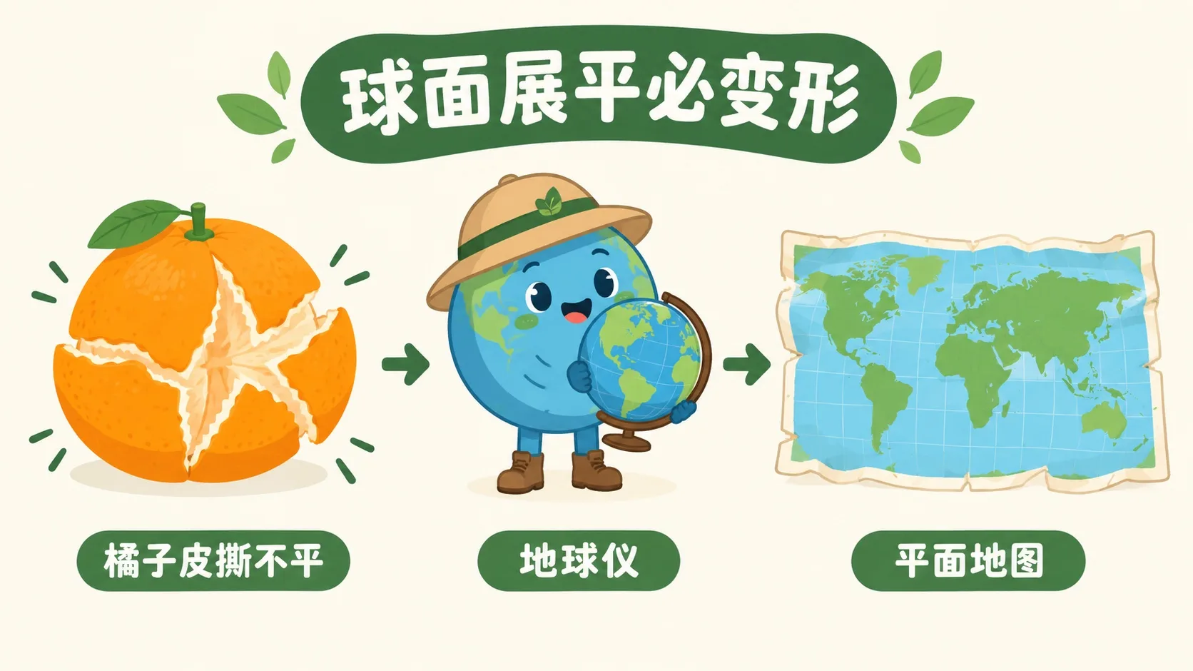 橘子皮撕不平：地球仪变成平面地图必然变形
