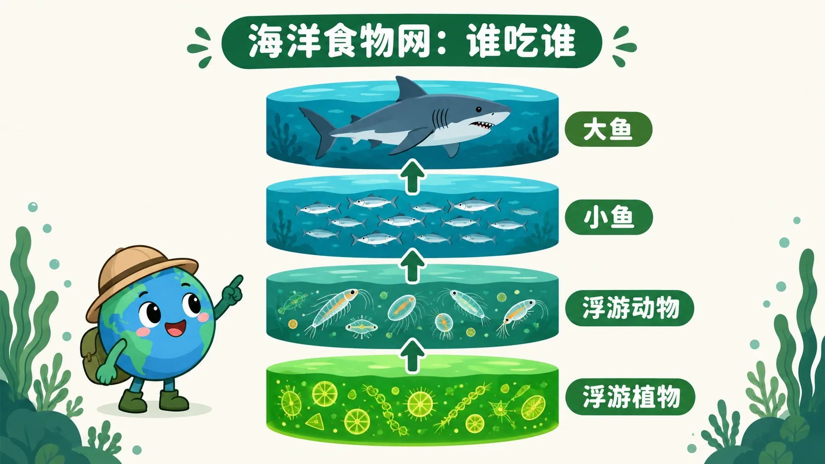 海洋食物网四层：浮游植物、浮游动物、小鱼、大鱼