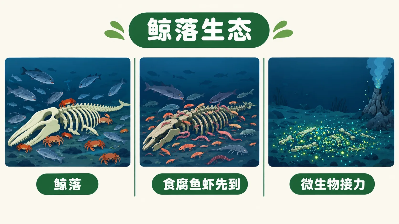 鲸落三阶段：食腐动物、虾蟹蠕虫、微生物接力