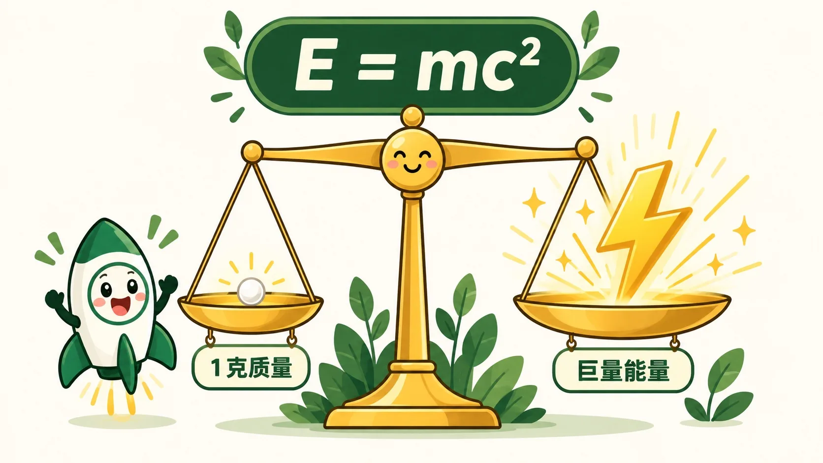 天平：左边 1 克质量，右边巨量能量