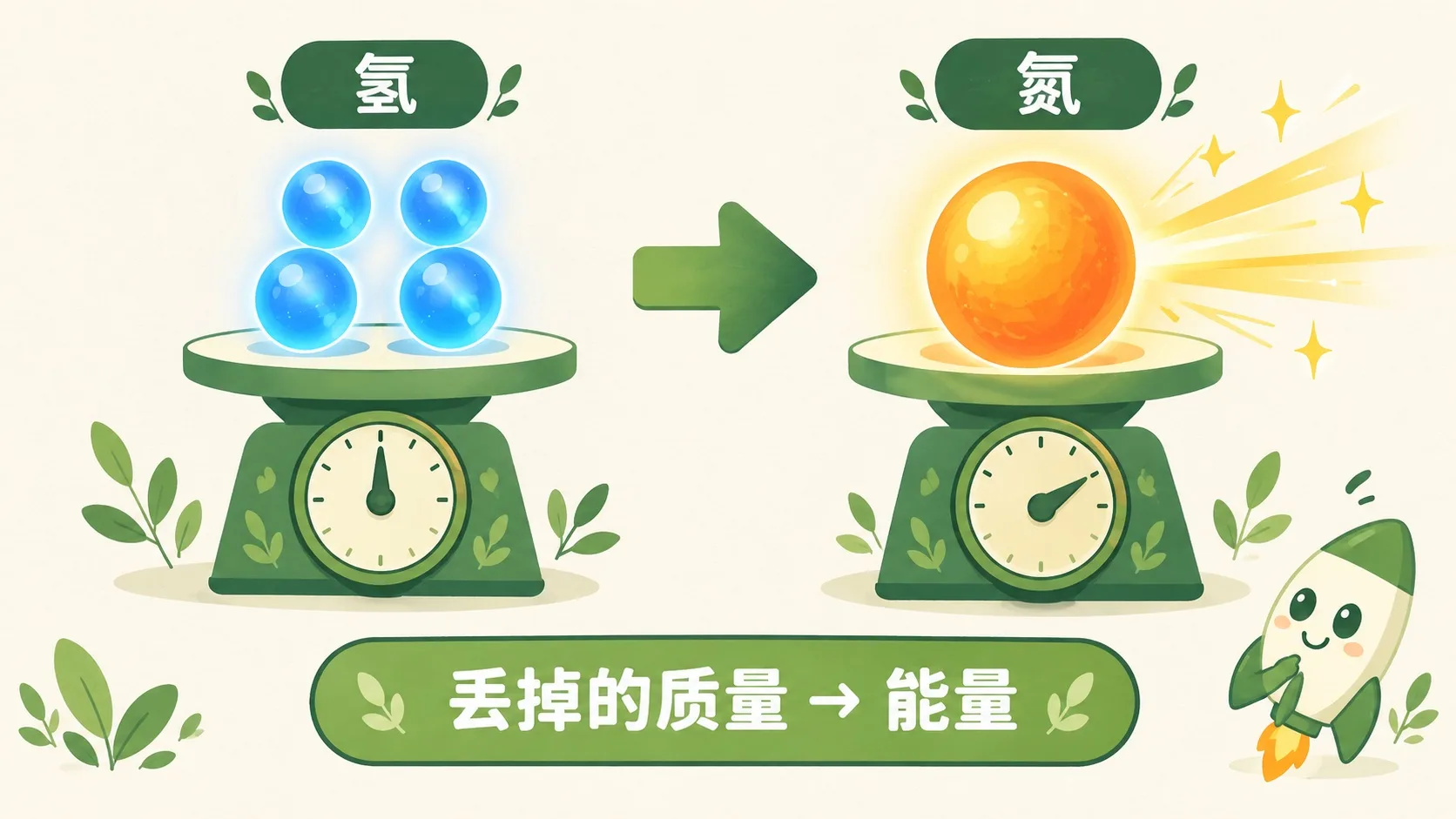 四氢变一氦：丢掉的质量变成能量