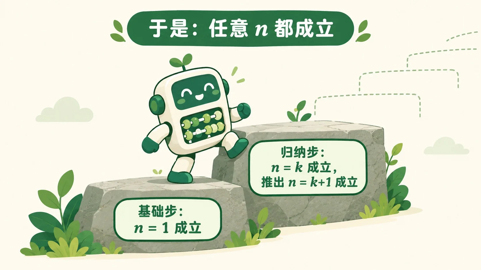 两步台阶：基础步 + 归纳步，于是任意 n 都成立