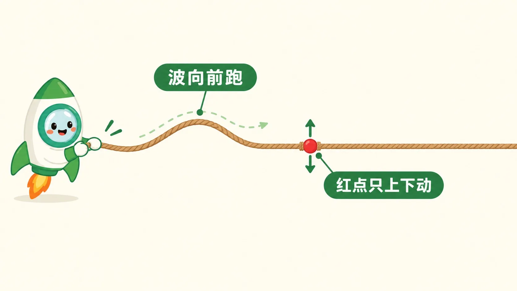 绳波向前传播，红点只在原地上下