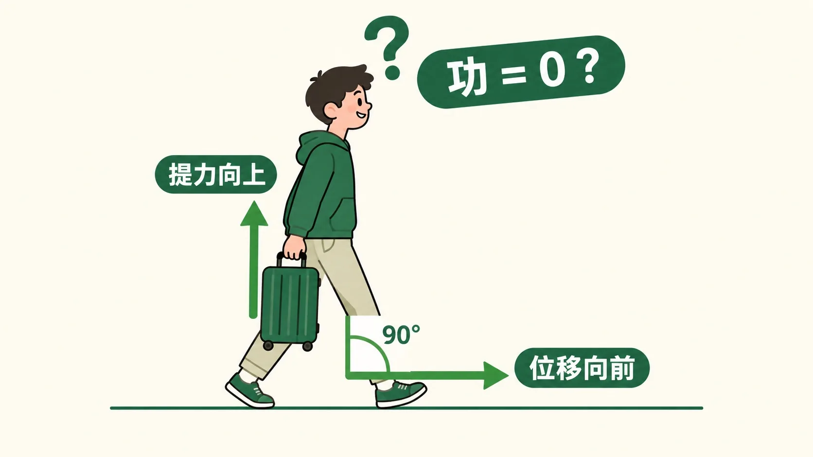 提箱水平走：夹角 90°，功=0