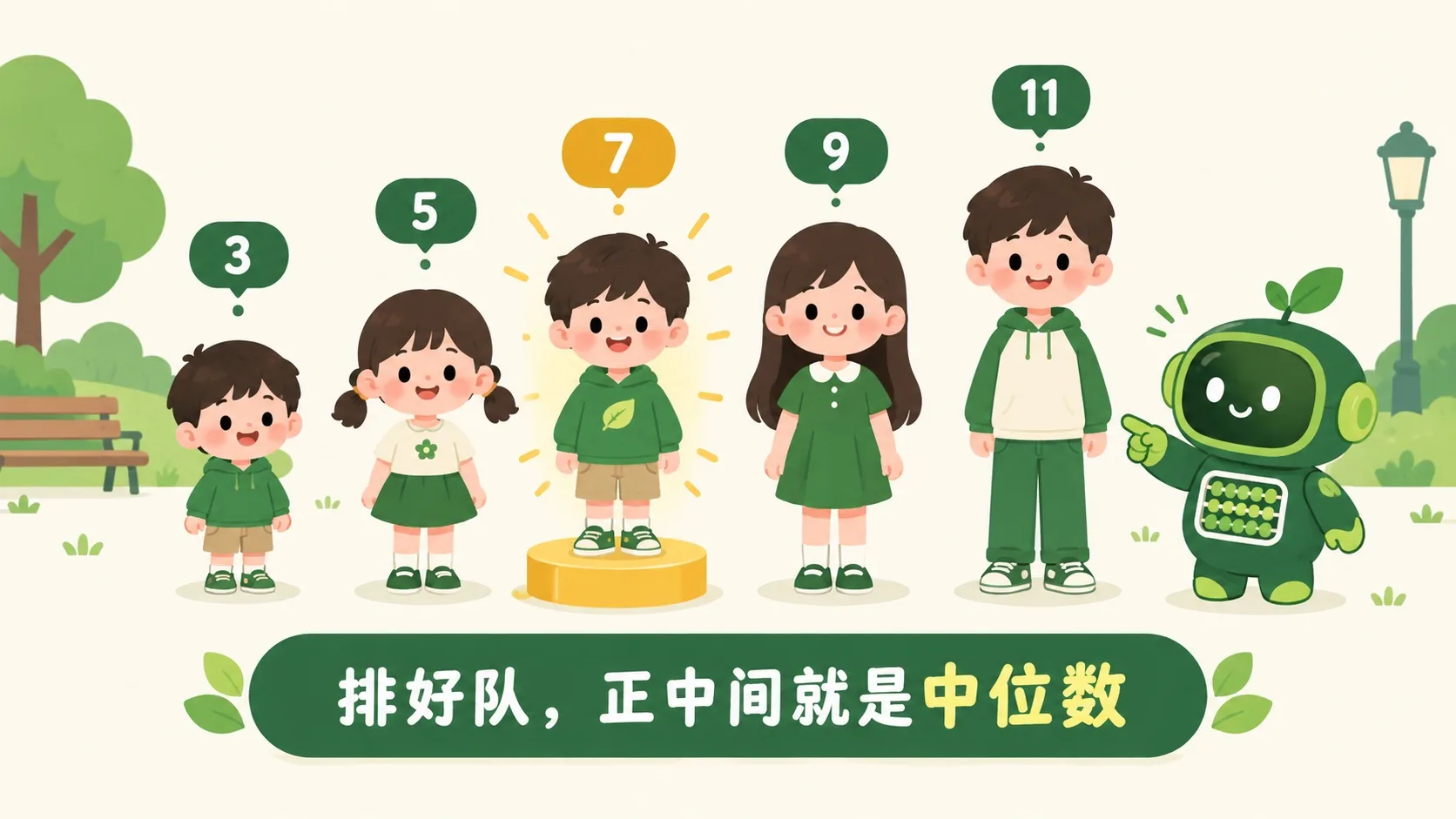 五个孩子按头顶数字 3、5、7、9、11 排好队，中间是 7