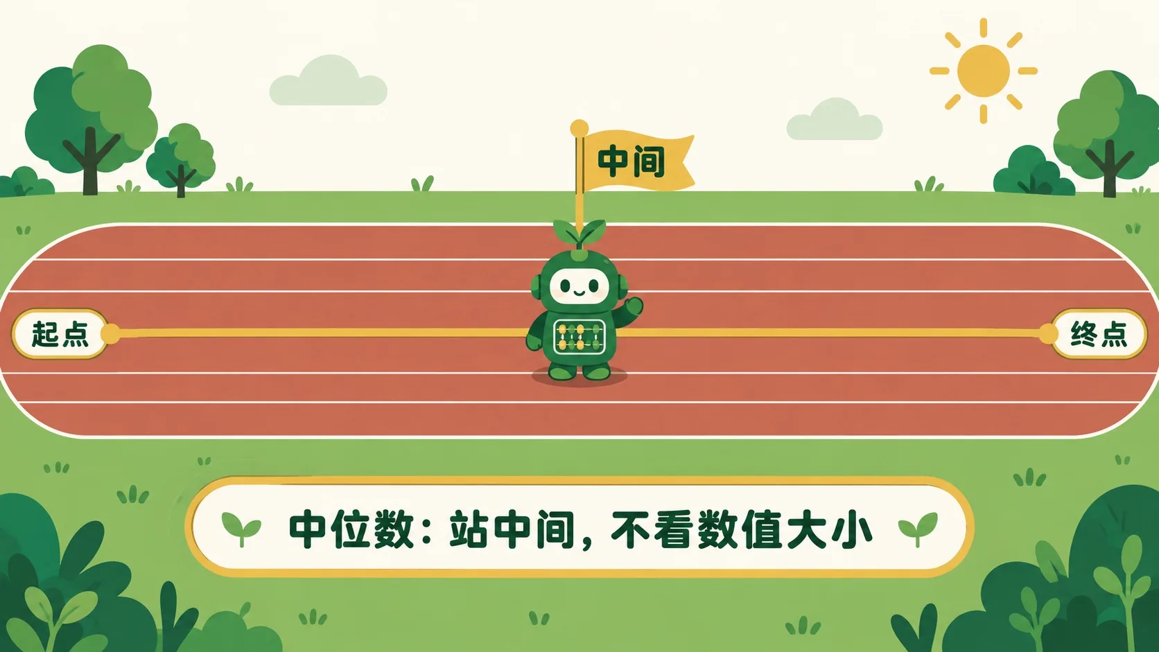 跑道中间的旗子写着“中间”，代表中位数按位置找