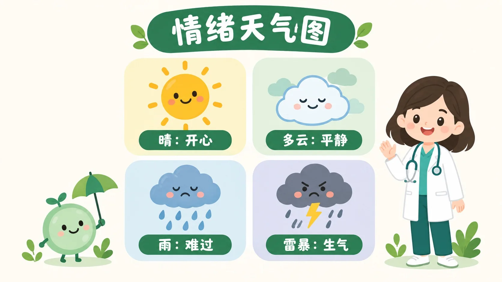 情绪天气图：晴开心、多云平静、雨难过、雷暴生气