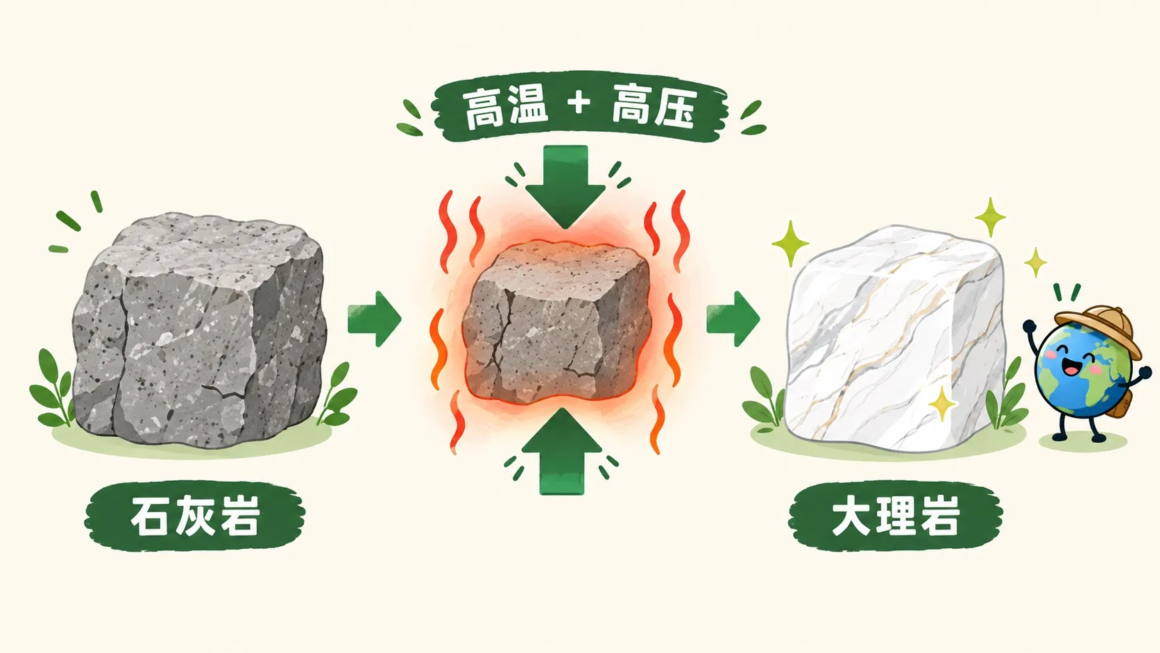 石灰岩在高温高压下变成大理岩