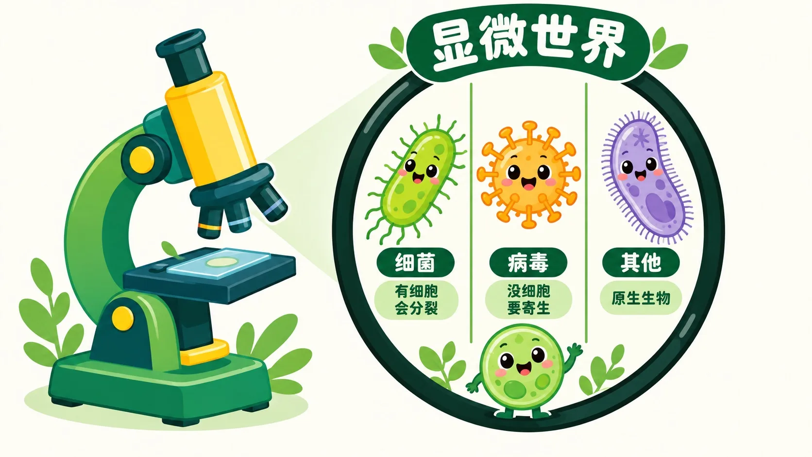 显微镜下三类微生物对比：细菌、病毒、其他
