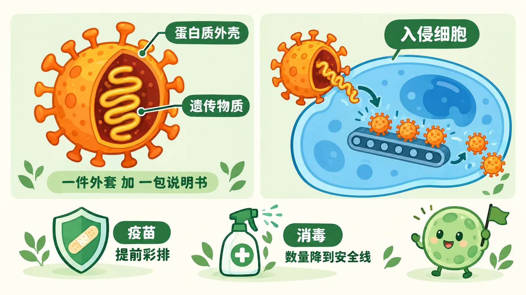 病毒结构与入侵细胞，疫苗与消毒