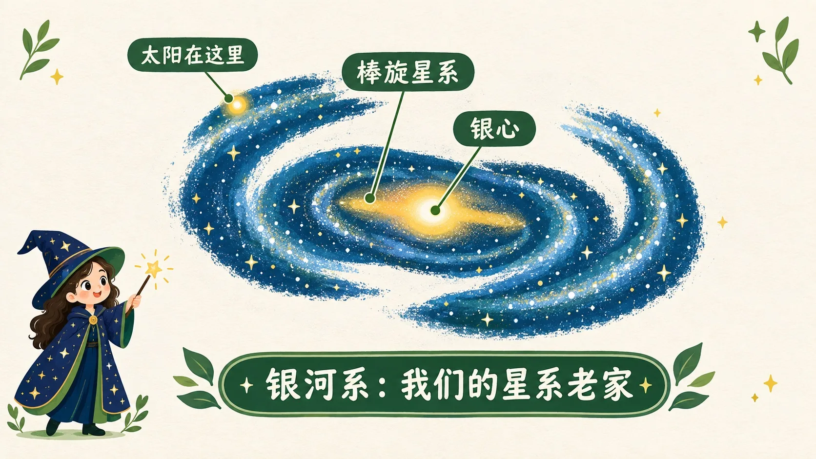 银河系俯视图：棒旋星系与太阳位置