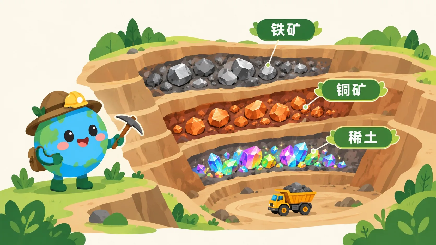露天矿：铁矿、铜矿、稀土矿层