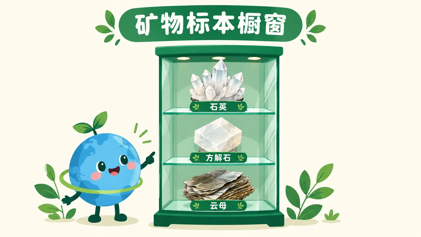 矿物标本橱窗：石英、方解石、云母