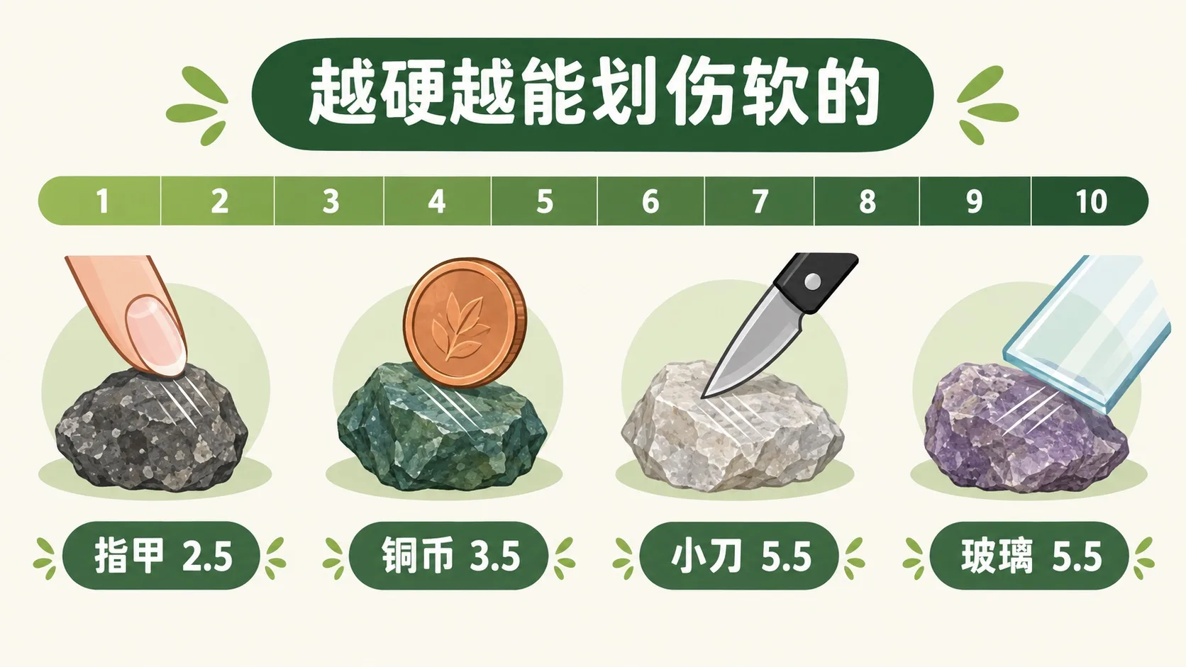 莫氏硬度计：指甲、铜币、小刀、玻璃划矿物