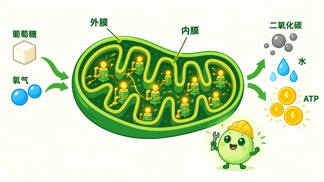 线粒体剖面：内膜折叠成嵴，葡萄糖和氧气进入，ATP、二氧化碳和水出来