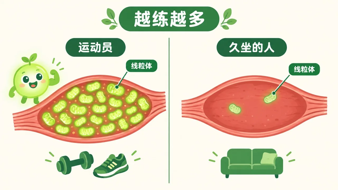 对比：运动员的肌细胞里线粒体远多于久坐的人