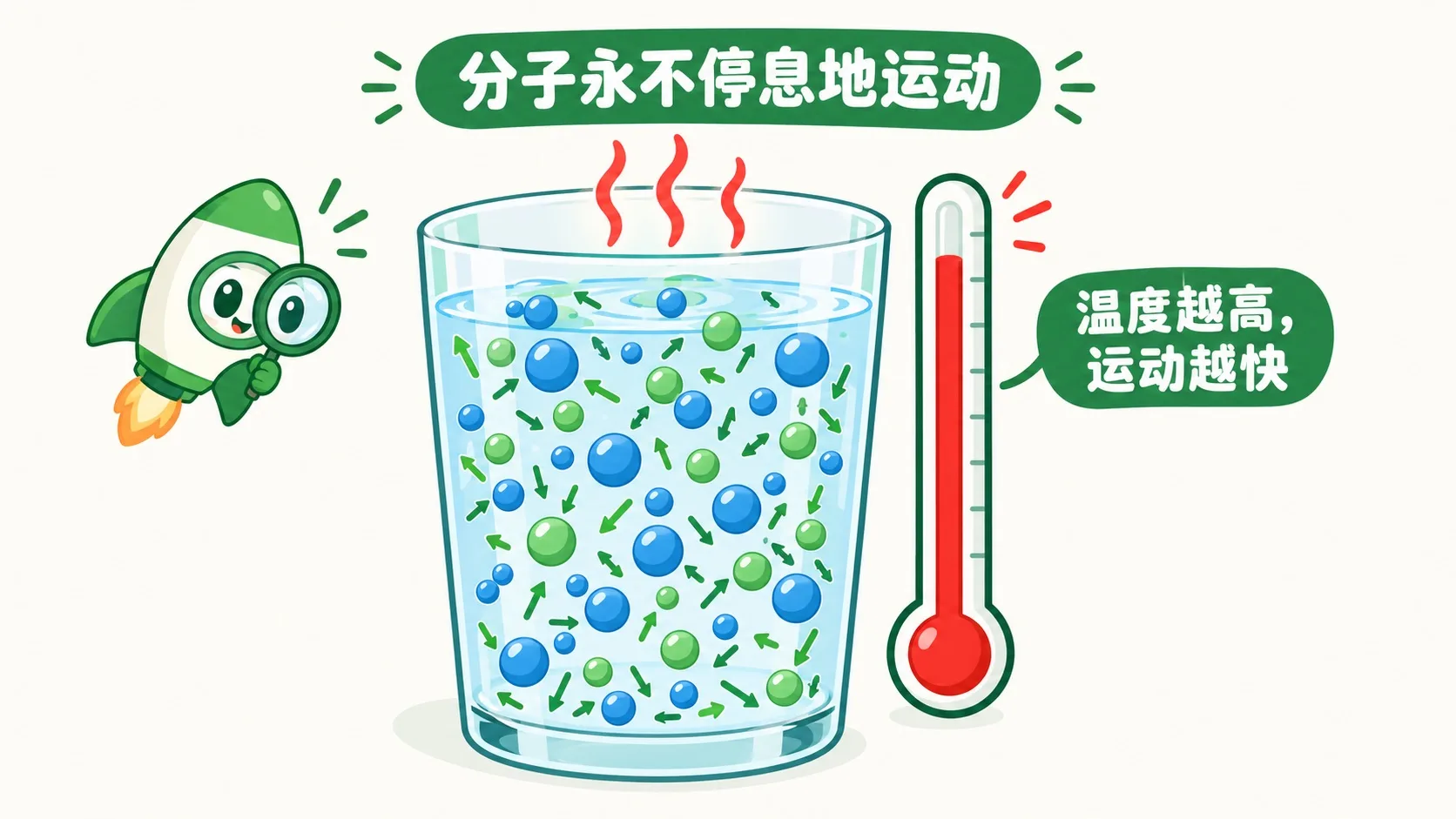 杯中分子小球乱撞，温度计红柱很高