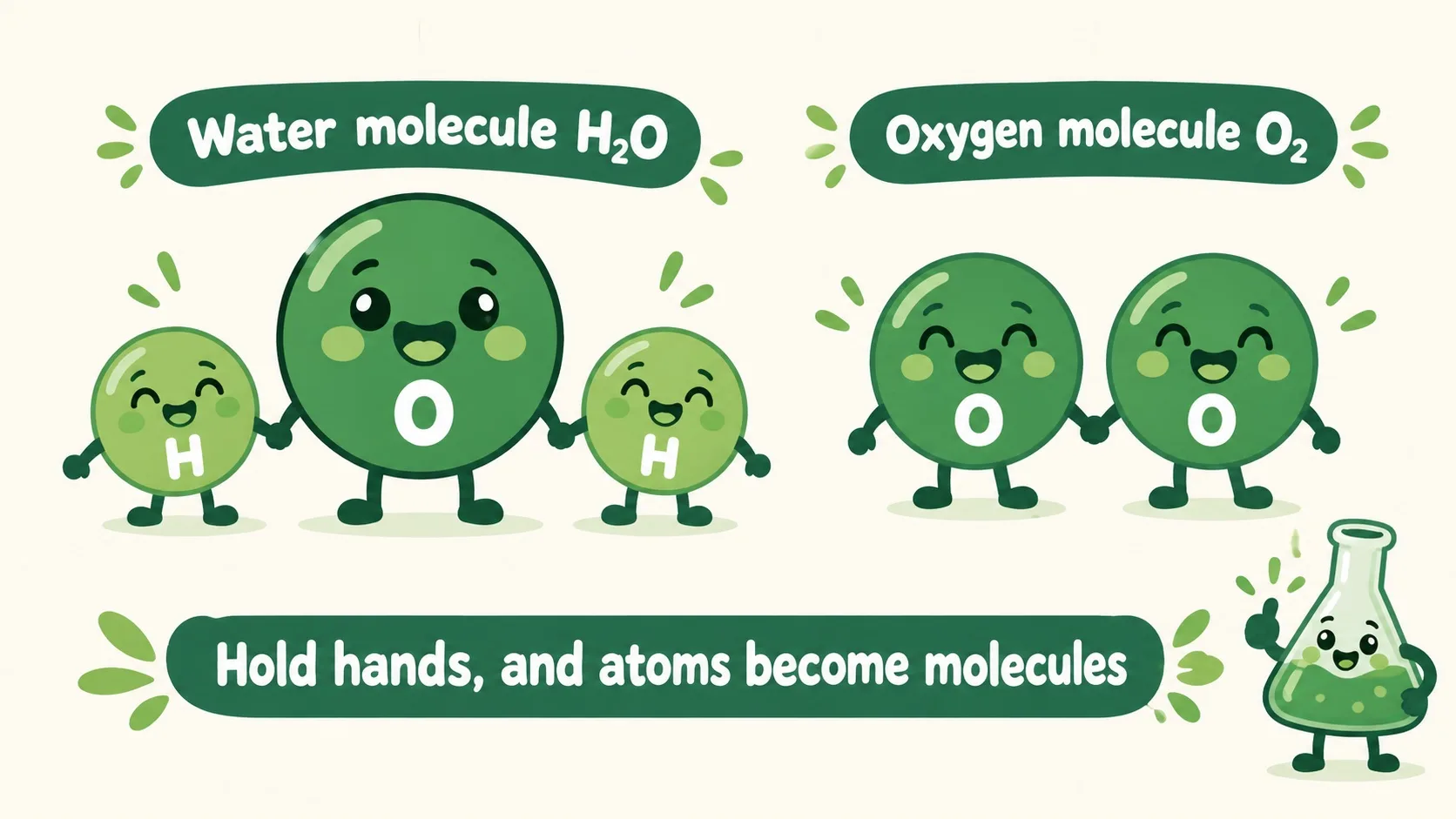 原子手拉手组成分子：水分子 H₂O 与氧气分子 O₂