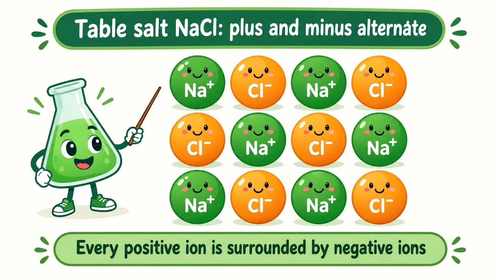 食盐 NaCl 晶格：Na⁺ 与 Cl⁻ 正负相间