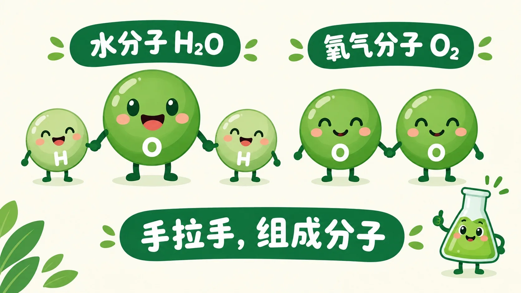 原子手拉手组成分子：水分子 H₂O 与氧气分子 O₂