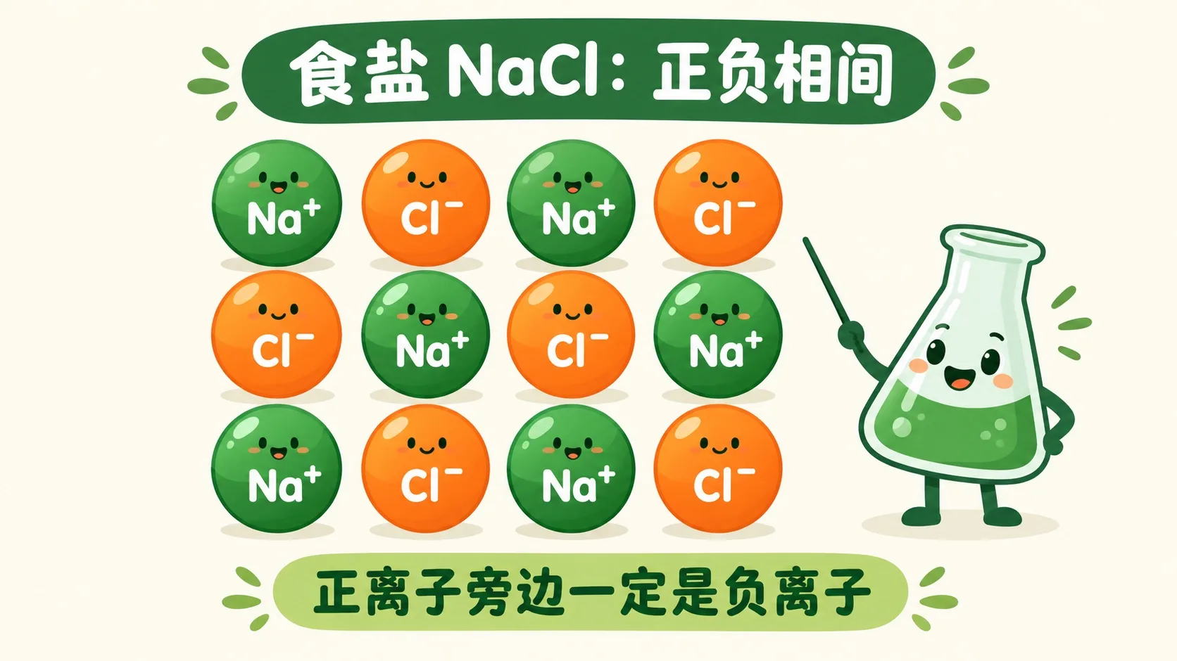 食盐 NaCl 晶格：Na⁺ 与 Cl⁻ 正负相间